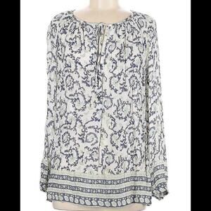 LUCKY BRAND Cream Blue Tie Front Peasant Shirt Sz Medium